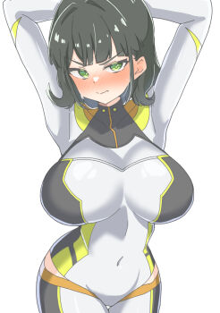 1girl absurdres arms_up black_hair blunt_bangs blush bob_cut bodysuit breasts clothing_cutout commentary cosplay covered_navel cowboy_shot embarrassed flipped_hair green_eyes grey_bodysuit highres hip_vent large_breasts link!_like!_love_live! long_sleeves looking_at_viewer love_live! momose_ginko momose_ginko_(gaming_event_cosplay) nose_blush official_alternate_costume rokoroko_65 short_hair simple_background skin_tight solo standing v-shaped_eyebrows virtual_youtuber white_background