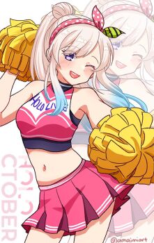 1girl airani_iofifteen amaimi blue_hair cheering cheerleader crop_top gradient_hair holding holding_pom_poms hololive hololive_indonesia long_hair looking_at_viewer midriff multicolored_hair navel one_eye_closed pink_hair pom_pom_(cheerleading) pom_poms purple_eyes skirt smile solo virtual_youtuber