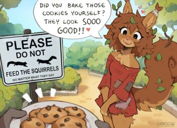 1girl animal_ears artist_name bare_shoulders black_eyes body_fur brown_hair cookie food furry furry_female heart highres holding holding_plate leaf leaf_on_head notice_lines original outdoors own_hands_together patchwork_clothes plate sign speech_bubble squirrel_ears squirrel_girl squirrel_tail tail waspsalad