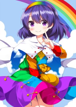 1girl blush cape closed_mouth commentary_request completion_time cowboy_shot dress hairband hand_up highres long_sleeves looking_at_viewer multicolored_dress multicolored_hairband pouch print_cape purple_eyes purple_hair rainbow rainbow_hairband ruu_(tksymkw) short_hair sky_print smile solo tenkyuu_chimata touhou two-sided_cape two-sided_fabric white_cape