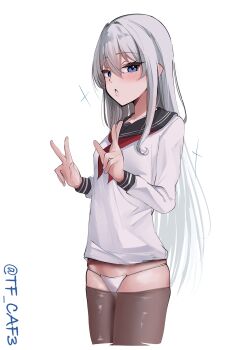 1girl absurdres black_pantyhose black_sailor_collar blue_eyes blush clothes_pull cowboy_shot cropped_legs double-parted_bangs double_w from_side hair_between_eyes hashtag-only_commentary hibiki_(kancolle) highres kantai_collection long_hair long_sidelocks long_sleeves looking_at_viewer neckerchief no_pants one-hour_drawing_challenge open_mouth panties pantyhose pantyhose_pull red_neckerchief sailor_collar sidelocks simple_background solo standing string_panties tf_cafe twitter_username underwear very_long_hair w white_background white_hair white_panties