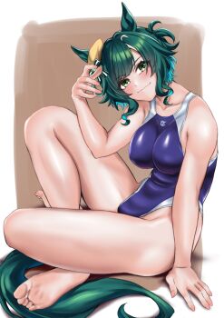 1girl animal_ears barefoot beret blush breasts closed_mouth collarbone commentary_request competition_swimsuit covered_erect_nipples ears_through_headwear fingernails full_body green_eyes green_hair green_tail grey_hair grey_streaks groin hakase_yurisuki hand_up hat head_tilt highleg highleg_one-piece_swimsuit highres horse_ears horse_girl horse_tail indian_style kiseki_(umamusume) large_breasts looking_at_viewer multicolored_hair one-piece_swimsuit parted_bangs short_hair sitting smile soles solo streaked_hair swimsuit tail toes umamusume yellow_hat