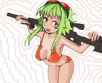1girl bikini black-framed_eyewear breasts cleavage collarbone from_above green_eyes green_hair gumi gun hatsuno holding holding_weapon large_breasts orange_bikini red-tinted_eyewear rifle short_hair_with_long_locks solo swimsuit thighs tinted_eyewear vocaloid weapon