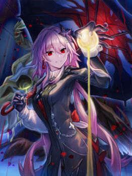 1girl absurdres asymmetrical_sleeves chain commentary_request dress evernight_(honkai:_star_rail) flower gem gloves hair_flower hair_ornament hairclip highres holding holding_umbrella honkai:_star_rail honkai_(series) isome layered_dress long_hair march_7th_(honkai:_star_rail) mismatched_sleeves moon parallel_hairclips petals pink_hair red_eyes red_gemstone smile solo umbrella very_long_hair