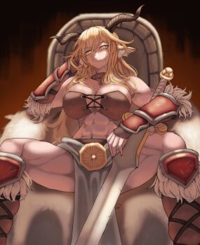 1girl abs absurdres alternate_costume animal_ears arknights arm_guards blonde_hair braid breasts choker closed_mouth degenbrecher_(arknights) fur_trim goat_ears goat_horns gomsang-oh hair_between_eyes highres horns large_breasts leather loincloth long_hair looking_at_viewer muscular muscular_female sitting solo spread_legs yellow_eyes