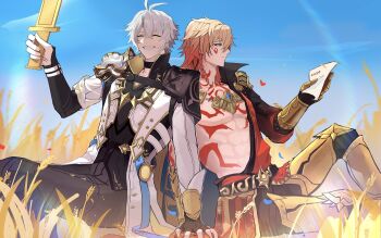 2boys abs absurdres antenna_hair arm_tattoo armlet armor armored_boots black_choker black_coat black_pants black_shirt blonde_hair blue_cape blue_sky boots braid cape chest_tattoo chinese_commentary choker clawed_gauntlets closed_eyes coat commentary earrings facial_tattoo gold_earrings gold_necklace gradient_hair highres honkai:_star_rail honkai_(series) jewelry male_focus medium_hair multicolored_hair multiple_boys mydei_(honkai:_star_rail) neck_tattoo necklace open_clothes open_coat pants parted_bangs pauldrons phainon_(honkai:_star_rail) red_hair red_tattoo shirt short_hair shoulder_armor side_braid side_cape single_pauldron sitting sky sun_symbol sun_tattoo tan tattoo toned toned_male wa8ke wheat_field white_coat white_hair yellow_eyes