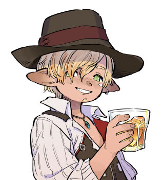 1boy ano_amesuke blonde_hair brown_hat commentary cup earrings facial_hair final_fantasy final_fantasy_xiv freckles glass goatee green_eyes grin hair_over_one_eye hat highres holding holding_cup jewelry lalafell male_focus partially_unbuttoned pointy_ears single_earring smile solo symbol-only_commentary warrior_of_light_(ff14)