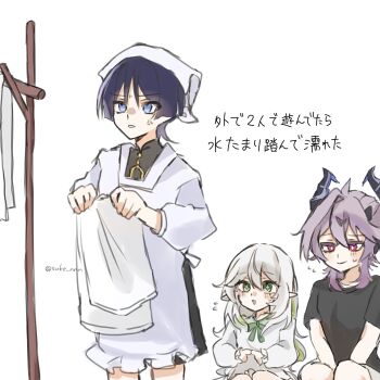 Rule 34 | 1girl, 2boys, alternate costume, alternate hairstyle, anger vein, apron, bed sheet, black bodysuit, black horns, black shirt, black shorts, black sleeves, blouse, blue eyes, blunt ends, blush, bodysuit, bright pupils, commentary request, cross-shaped pupils, diamond-shaped pupils, diamond (shape), dragon boy, dragon horns, eyelashes, facial mark, flying sweatdrops, forehead mark, frilled apron, frilled sleeves, frills, genshin impact, green eyes, green hair, green pupils, hair between eyes, hair down, height difference, highres, holding, holding sheet, horns, index fingers together, kappougi, long hair, long sleeves, looking at another, looking down, looking up, mandarin collar, mini durin (genshin impact), mini durin (human) (genshin impact), multicolored hair, multiple boys, nahida (genshin impact), nervous smile, open mouth, pink hair, pointy ears, purple horns, red eyes, scaramouche (genshin impact), shirt, shorts, sidelocks, sitting, sketch, smile, standing, stick, streaked hair, suke nnn, sweatdrop, symbol-shaped pupils, tenugui, translation request, triangle mouth, twitter username, two-sided horns, wanderer (genshin impact), wavy hair, white background, white mouth, white pupils, white shirt, white sleeves, wispy bangs