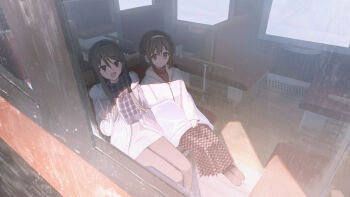 Rule 34 | 2girls, :d, black hair, braid, brown eyes, brown hair, brown shoes, chihuri, closed mouth, commentary request, day, fringe trim, from outside, fur-trimmed jacket, fur trim, hair between eyes, hair intakes, hairband, hand up, highres, index finger raised, jacket, long hair, long sleeves, looking at viewer, multiple girls, open mouth, original, plaid clothes, plaid scarf, plaid skirt, pleated skirt, puffy long sleeves, puffy sleeves, purple scarf, red shirt, scarf, shirt, shoes, skirt, smile, snow, train interior, white hairband, white jacket, window