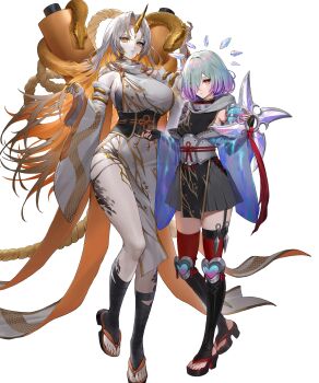 2girls aqua_hair blonde_hair breasts crystal fire_emblem fire_emblem_heroes fuuma_shuriken gradient_hair grey_hair gullveig_(fire_emblem) gullveig_(ninja)_(fire_emblem) hair_ornament hair_over_one_eye highres holding holding_shuriken holding_weapon horns huge_breasts japanese_clothes kvasir_(fire_emblem) kvasir_(ninja)_(fire_emblem) long_hair looking_at_viewer multicolored_hair multiple_girls nintendo non-web_source official_alternate_costume official_art sandals scarf scroll short_hair shuriken sideboob single_horn small_breasts snake_hair_ornament tachi-e very_long_hair weapon yellow_eyes