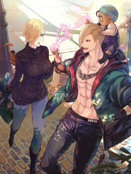 1girl 2boys abs absurdres animal asymmetrical_hair aura bag beanie black_footwear black_male_underwear blue_eyes blue_overalls blue_pants book boots box breasts brick_floor brown_eyes character_request commentary_request dark-skinned_male dark_skin day denim ed_(street_fighter) falke_(street_fighter) food from_above green_jacket hair_over_one_eye hand_in_pocket handbag hat highres holding holding_bag hood hooded_jacket ice_cream ice_cream_cone jacket jewelry lamppost large_breasts long_bangs magic male_underwear monkey multiple_boys necklace open_clothes open_jacket open_mouth outdoors overalls pacifier pants pectorals purple_sweater ribbed_sweater rinzo short_hair single_bang sparkling_eyes street_fighter street_fighter_6 sweater symbol-shaped_pupils turtleneck turtleneck_sweater underwear zipper zipper_pull_tab