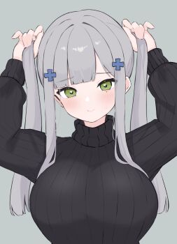 1girl alternate_costume black_sweater breasts casual cross facepaint girls&#039;_frontline green_eyes hair_ornament hairclip hands_up heart heart_in_eye hiepita97 highres hk416_(girls&#039;_frontline) iron_cross large_breasts long_hair looking_at_viewer solo sweater symbol_in_eye teardrop twintails tying_hair upper_body vertical-striped_sweater white_hair