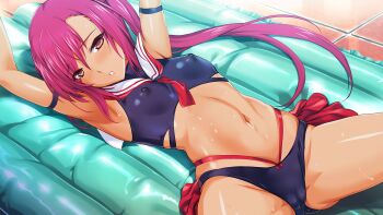 1girl air_mattress armband armpits arms_up bikini blush breasts brown_eyes cameltoe choukou_(alicesoft) choukou_shinki_ixseal covered_erect_nipples dark-skinned_female dark_skin game_cg houshou_kirika inflatable_raft large_variant_set long_hair looking_at_viewer lying navel non-web_source official_art on_back onigirikun parted_lips pink_hair ponytail sailor_collar shiny_skin side_ponytail small_breasts solo spread_legs swimsuit variant_set wet