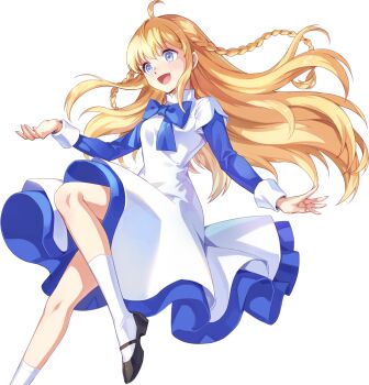 1girl :d ahoge ankle_socks artist_request blue_bow blue_dress blue_eyes blue_sleeves bow braid breasts collared_dress dress dress_bow dress_shoes fingernails floating_hair foot_out_of_frame grey_eyes grey_pupils high_collar layered_dress layered_sleeves light_blush long_hair long_sleeves low-braided_long_hair low-tied_long_hair mary_janes medium_breasts medium_dress narrow_waist nexon official_art open_mouth second-party_source shoes short_over_long_sleeves short_sleeves sidelocks simple_background sleeve_cuffs smile socks solo tales_weaver tichiel_juspian transparent_background twin_braids twintails very_long_hair white_dress white_sleeves white_socks