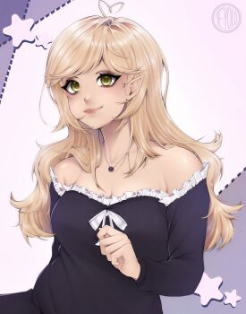 Rule 34 | 1girl, ahoge, bare shoulders, black dress, blonde hair, breasts, cleavage, closed mouth, commentary, dress, frilled dress, frills, heart, heart ahoge, highres, jewelry, large breasts, lips, long hair, long sleeves, looking at viewer, necklace, off-shoulder dress, off shoulder, original, parted bangs, pointy ears, smile, solo, star (symbol), swept bangs, symbol-only commentary, teyoid, upper body, yellow eyes