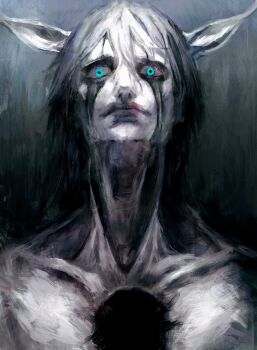 1boy absurdres black_hair bleach closed_mouth colored_skin espada facial_mark glowing glowing_eyes green_eyes highres hole_in_chest hole_on_body hollow_(bleach) horns looking_at_viewer looking_down medium_hair pale_skin resurreccion solo tear_stain ulquiorra_cifer white_skin xa8uofivf2mcart