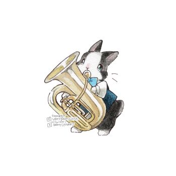 animal animal_focus berry_jou blue_bow blue_bowtie blue_vest bow bowtie commentary_request highres holding holding_instrument instagram_username instrument music no_humans original playing_instrument rabbit simple_background tuba twitter_username vest white_background