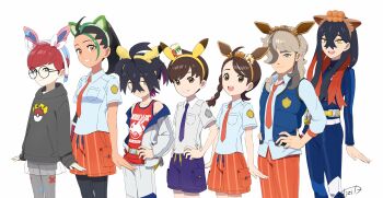 Rule 34 | 3boys, 4girls, absurdres, animal ears, arven (pokemon), black-framed eyewear, black hair, black hoodie, blue hair, blue jacket, blue pants, blue vest, breasts, brown eyes, brown hair, carmine (pokemon), collared shirt, commentary, crossed bangs, fake animal ears, florian (pokemon), glasses, grey hair, hands on own hips, highres, hood, hood down, hoodie, jacket, juliana (pokemon), kieran (pokemon), long hair, long sleeves, looking at viewer, medium breasts, mole, mole on neck, mole under eye, multicolored hair, multiple boys, multiple girls, naranja academy school uniform, necktie, nemona (pokemon), nintendo, off shoulder, open clothes, open jacket, open mouth, orange eyes, pants, pantyhose, penny (pokemon), pokemon, pokemon sv, ponytail, purple hair, red hair, red tank top, round eyewear, school uniform, shirt, short hair, signature, skirt, streaked hair, tank top, tli eilt pk, uva academy school uniform, vest, yellow eyes