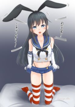 1girl asashio_(kancolle) black_hair black_hairband black_neckerchief black_panties blue_eyes blue_sailor_collar blue_skirt cosplay crop_top elbow_gloves gloves gradient_background grey_background hairband highleg highleg_panties highres kantai_collection kneeling loli long_hair microskirt miniskirt naviyu_elin neckerchief on_bed panties pleated_skirt sailor_collar shimakaze_(kancolle) shimakaze_(kancolle)_(cosplay) shirt skirt sleeveless sleeveless_shirt solo striped_clothes striped_thighhighs thighhighs translation_request underwear white_gloves