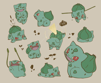 bulbasaur bullet_seed_(pokemon) claws closed_mouth commentary_request fangs gen_1_pokemon highres multiple_views nako_(nekono_shippo75) nintendo no_humans open_mouth plant pokemon pokemon_(creature) red_eyes simple_background sitting solar_beam_(pokemon) vines