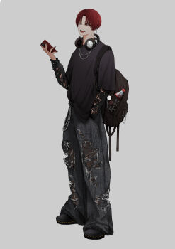 1boy :d absurdres backpack bag black_bag black_nails black_pants black_shirt black_shoes commentary commentary_request drink english_commentary fingernails full_body grey_background grey_eyes headphones headphones_around_neck highres holding holding_phone jewelry male_focus mixed-language_commentary necklace niwa281610 open_mouth original pants phone piercing red_hair shirt shoes short_hair simple_background smile soda solo standing teeth tongue torn_clothes torn_pants torn_shirt upper_teeth_only