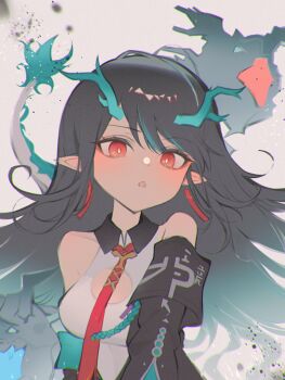 1girl arknights bare_shoulders black_hair ckdk2885 dragon_girl dragon_horns dragon_tail dusk_(arknights) horns looking_at_viewer multicolored_hair pointy_ears red_eyes solo streaked_hair tail