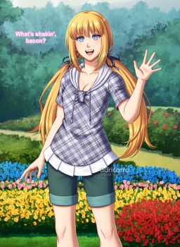 Rule 34 | 1girl, :d, absurdres, adricarra, artist name, blonde hair, blouse, blue eyes, blue flower, blue ribbon, blue shirt, breasts, cleavage, collarbone, commission, commissioner upload, cowboy shot, drawstring, flower, garden, green shorts, hair ribbon, highres, hunie (series), huniepop, long hair, looking at viewer, medium breasts, non-web source, open mouth, pink flower, plaid clothes, plaid shirt, red flower, ribbon, shirt, short sleeves, shorts, sidelocks, smile, solo, standing, talking, tiffany maye, twintails, watermark, waving, yellow flower