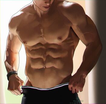 Rule 34 | 1boy, abs, bare shoulders, black pants, bracelet, closed mouth, collarbone, commentary request, cowboy shot, groin, head out of frame, highres, jewelry, korean commentary, lips, male focus, navel, nipples, original, pants, pectorals, solmuk0, solo, standing, veins