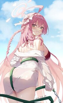 1girl ahoge ass azema between_buttocks bikini blue_archive blush braid breasts cowboy_shot dated day green_eyes grin hair_between_eyes halo hanako_(blue_archive) hanako_(swimsuit)_(blue_archive) highres hose large_breasts long_hair long_sleeves official_alternate_costume outdoors pink_hair pink_halo red_bikini shirt signature single_braid smile solo swimsuit water white_shirt