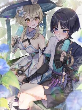 1boy 1girl anemo_symbol_(genshin_impact) animal_print aqua_gemstone aqua_kimono aqua_sleeves arm_at_side bare_shoulders belt bird_print black_belt black_bodysuit black_bow black_gloves black_hair black_shorts blonde_hair blue_feathers blue_flower blue_hat blue_kimono blue_trim blunt_ends blush bodysuit borrowed_clothes bow breasts bright_pupils cape choppy_bangs cleavage clenched_hand closed_mouth clothing_cutout covered_collarbone criss-cross_halter crossed_legs dress elbow_gloves embarrassed eyelashes eyeliner eyeshadow feather_hair_ornament feathers fingernails flower food furisode gem genshin_impact gloves gold gold_trim hair_between_eyes hair_flower hair_intakes hair_ornament hakama hakama_shorts halterneck hand_up hat highres hip_vent holding holding_food holding_hands holding_popsicle japanese_clothes jingasa juban kimono layered_sleeves leg_warmers legs_together looking_at_another lumine_(genshin_impact) makeup mandarin_collar multicolored_flower open_clothes open_kimono open_mouth outdoors parted_bangs partially_fingerless_gloves pleated_shorts pom_pom_(clothes) popsicle purple_cape purple_eyes purple_flower purple_hat purple_rope purple_sash red_eyeliner red_eyeshadow rope sash scaramouche_(genshin_impact) short_hair short_hair_with_long_locks short_sleeves shorts shoulder_peek sidelocks sitting snow20200 sweat tareme thighhighs tsurime twitter_username vambraces vision_(genshin_impact) wanderer_(genshin_impact) watermark wavy_mouth white_dress white_flower white_leg_warmers white_pupils white_sleeves white_thighhighs white_trim yellow_eyes yellow_feathers