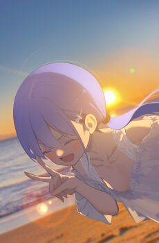 1girl :d ^_^ beach breasts closed_eyes collarbone downblouse dress hand_up hayakawa_sena_(pei_iriya) highres long_hair ocean open_mouth original outdoors pei_iriya purple_hair small_breasts smile solo sunset twintails v white_dress