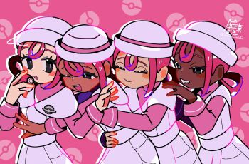 4girls apron blush breasts closed_eyes closed_mouth dark-skinned_female dark_skin dress hair_rings hat highres holding holding_poke_ball joy_(pokemon) long_hair long_sleeves multiple_girls nama_mugi nintendo nurse nurse_cap one_eye_closed open_mouth pink_dress pink_hair poke_ball poke_ball_(basic) pokemon pokemon_legends:_z-a smile teeth very_dark_skin