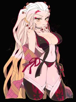 Rule 34 | 1girl, black background, breasts, cleavage, daki (kimetsu no yaiba), demon girl, green eyes, green hair, hair ornament, hair stick, hairpin, highres, japanese clothes, kimetsu no yaiba, large breasts, lipstick, long hair, looking at viewer, makeup, midriff, multicolored hair, navel, revealing clothes, serious, shiny skin, simple background, tattoo, thick thighs, thighhighs, thighs, thong, two-tone hair, underwear, usa37107692, veins, white hair