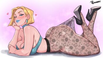 1girl alternate_costume ass black_pantyhose black_shoes blonde_hair blue_bra blue_eyes blue_lips bra breasts cleavage earrings emma_frost high_heels jewelry lace lace_pantyhose lace_pantyhose_hooked_on_heel_(meme) large_breasts looking_at_viewer lying marvel marvel_rivals meme on_stomach pantyhose re_zoart shoes short_hair signature solo underwear