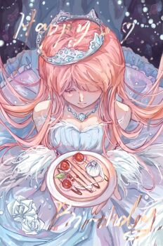 Rule 34 | 1girl, absurdres, bare shoulders, birthday, birthday cake, blue dress, blue gem, blunt bangs, breasts, brown eyes, cake, chinese commentary, circle skirt, cleavage, closed mouth, commentary request, cowboy shot, crown, dress, english text, eyelashes, floating hair, flower, food, frilled dress, frills, from above, fur-trimmed dress, fur shawl, fur trim, gem, gown, hair floating upwards, happy, happy birthday, heart, heart print, highres, holding, holding plate, jewelry, light blush, light particles, lipstick, long dress, long hair, makeup, mianmian04147, necklace, nikki (nikki), nikki (series), one eye closed, pink hair, pink lips, plate, pleated dress, print dress, rose, shawl, smile, solo, strapless, strapless dress, very long hair, white flower, white rose, white shawl