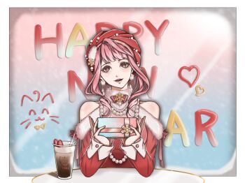 Rule 34 | 1girl, bare shoulders, beads, beret, blue background, blunt bangs, border, bow, bright pupils, brown eyes, chinese commentary, clothing cutout, coffee, commentary request, cup, disposable cup, drinking straw, earrings, elbows on table, english text, eyelashes, feather earrings, feathers, food, fruit, fur-trimmed sweater, fur trim, gift, gradient background, happy, happy new year, hat, hat feather, head tilt, highres, holding, holding gift, indoors, infinity nikki, jewelry, light blush, light rays, lipstick, long hair, long sleeves, looking at viewer, makeup, momo (nikki), muse yishun, necklace, new year, nikki (nikki), nikki (series), nostrils, open mouth, outside border, pearl necklace, pink background, pink bow, pink hair, pink lips, red hat, red sweater, shoulder cutout, sidelocks, single hair intake, sleeve bow, sleeve cuffs, sleeves past wrists, smile, solo, straight-on, strawberry, strawberry slice, sweater, teeth, turtleneck, turtleneck sweater, upper body, white border, white pupils, window