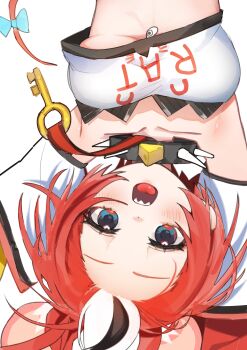 1girl absurdres animal_ears armpits black_collar black_streaks blue_eyes bow breasts chocosong clothes_writing collar commentary detached_sleeves hakos_baelz heart heart_in_eye highres hololive hololive_english layered_sleeves long_sleeves looking_at_viewer medium_breasts mouse_ears mouse_girl multicolored_hair open_mouth sharp_teeth short_hair short_over_long_sleeves short_sleeves solo spiked_collar spikes strapless streaked_hair symbol_in_eye tail tail_bow tail_ornament teeth tube_top underboob upper_teeth_only upside-down virtual_youtuber white_streaks white_tube_top
