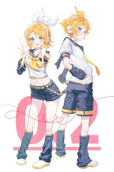 1boy 1girl :d absurdres black_leg_warmers black_sailor_collar black_shorts black_sleeves blonde_hair blue_eyes blush bow breasts closed_mouth commentary crop_top detached_sleeves frilled_shirt frills full_body gyaru_w hair_bow hair_ornament hairclip hand_on_own_hip hand_up headset heart heart_of_string highres kagamine_len kagamine_rin leg_warmers limu838 looking_at_viewer midriff navel neckerchief necktie open_mouth outstretched_arm sailor_collar shirt shoes short_hair short_shorts short_sleeves shorts sidelocks sleeveless sleeveless_shirt small_breasts smile sparkle spiked_hair standing star_(symbol) string string_of_fate teeth upper_teeth_only vocaloid w white_background white_bow white_shirt white_shoes wide_sleeves yellow_nails yellow_neckerchief yellow_necktie yellow_trim