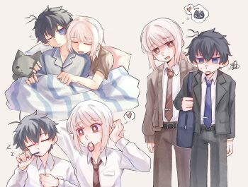 2boys akinashi_haru annoyed bag black_hair black_jacket black_pants black_suit blanket blue_eyes blue_necktie blue_pajamas brown_cardigan brown_pajamas brown_pants brushing_teeth cardigan closed_eyes collared_shirt commentary diagonal-striped_clothes diagonal-striped_necktie dress_pants dress_shirt formal_clothes hair_tie_in_mouth heart highres hug hug_from_behind jacket lapels looking_at_another low_ponytail male_focus mouth_hold multiple_boys multiple_views necktie open_cardigan open_clothes pajamas pants pillow ponytail qinliu_cat red_eyes red_necktie saihate_eki shirt short_hair shoulder_bag sidelocks sleeping_together sleepy squeans striped_clothes suit sweat symbol-only_commentary tatsunami_shion tie_clip tying_hair waking_up white_hair white_shirt zzz