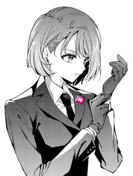 1girl adjusting_clothes adjusting_gloves amatsumi_inori asymmetrical_bangs bob_cut closed_mouth collared_shirt gloves hair_ornament hairpin halftone hands_up hypnosis_mic hypnosis_mic:_rule_the_stage jacket kawauchi_(bsyesterday) lapel_pin lapels light_frown long_sleeves looking_ahead monochrome multiple_hairpins necktie notched_lapels parted_hair serious shirt short_hair simple_background solo spot_color suit_jacket swept_bangs upper_body white_background