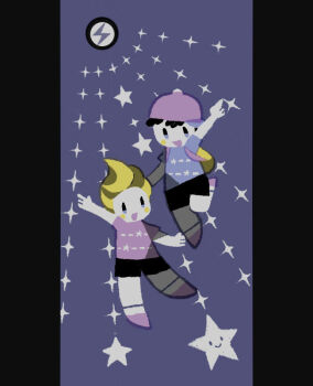 Rule 34 | 2boys, arm up, backpack, bag, blonde hair, blush stickers, commentary request, franklin badge, full body, lucas (mother 3), male focus, mother (series), mother 2, mother 3, multiple boys, ness (mother 2), nintendo, open mouth, pillarboxed, shirt, short sleeves, shorts, sideways hat, star (symbol), striped clothes, striped shirt, tanba (tanba-art)