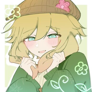 Rule 34 | 1boy, basil (birthday) (omori), basil (faraway) (omori), basil (omori), blonde hair, blue eyes, blush, cardigan, collared shirt, commentary, double-parted bangs, green cardigan, hair between eyes, hat, highres, iu iba, long sleeves, looking at viewer, male focus, newsboy cap, official alternate costume, omori, open cardigan, open clothes, open mouth, shirt, short hair, smile, solo, symbol-only commentary, upper body, white shirt