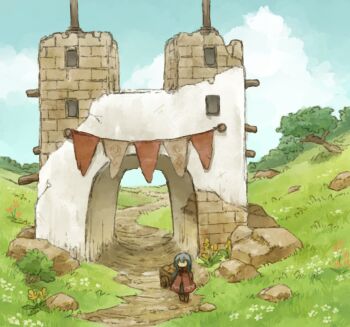 1girl arch black_hair boots boulder brown_boots cape cart cloud commentary day dirt_road flower full_body highres koki08186863 long_hair original outdoors road ruins solo string_of_flags tower tree wide_shot yellow_flower