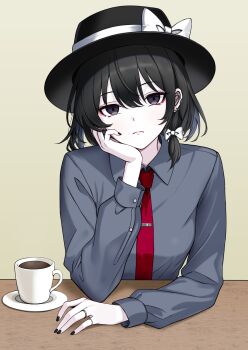 1girl absurdres alternate_color arm_rest black_eyes black_hair black_hat black_nails bow closed_mouth clown_(clown66) coffee_mug commentary cup ear_piercing expressionless grey_background grey_shirt hair_bow hand_on_own_cheek hand_on_own_face hat hat_bow highres long_sleeves looking_at_viewer medium_hair mug necktie piercing red_necktie shirt solo table tie_clip touhou usami_renko white_bow