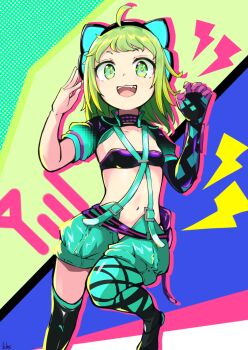 1girl ahoge animal_ear_headphones animal_ears antenna_(dohna_dohna) artist_name boots breasts cat_ear_headphones cat_ears choker collarbone dohna_dohna_issho_ni_warui_koto_o_shiyou elbow_gloves fake_animal_ears gloves green_eyes green_hair hands_up headphones highres klmi_chroma lightning_bolt_symbol looking_at_viewer navel open_mouth petite purple_tube_top shrug_(clothing) single_elbow_glove small_breasts solo standing strap strapless suspenders teeth tube_top upper_teeth_only