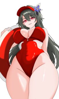 Rule 34 | 1girl, absurdres, alternate costume, breasts, cleavage, commentary, english commentary, flower, grey hair, hair flower, hair ornament, highres, holding, holding swim ring, honkai (series), honkai impact 3rd, innertube, large breasts, lifeguard, long hair, one-piece swimsuit, purple eyes, r3end, red one-piece swimsuit, simple background, solo, swim ring, swimsuit, thighs, very long hair, visor cap, vita (honkai impact), white background