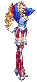Rule 34 | absurdres, ahoge, american flag, american flag print, arms behind head, bandana, boots, boxing gloves, breasts, cheerleader, cleavage, clothing cutout, crossed legs, curly hair, edaki shin'ya, flag print, full body, game cg, hands on own head, high heel boots, high heels, highres, justice gakuen, large breasts, leotard, looking at viewer, moero! justice gakuen, multicolored boots, non-web source, official art, one eye closed, ponytail, simple background, sleeved leotard, smile, solo, standing, star (symbol), star cutout, thigh boots, tiffany lords, two-tone boots, white background, zipper