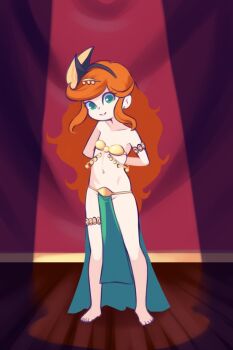 1girl anklet armlet arms_behind_back barefoot bikini black_bow bow bracelet collarbone curtains dancer drantyno flat_chest gold_bikini granblue_fantasy green_eyes hair_bow hair_ornament harem_outfit highres jewelry loli long_hair looking_at_viewer navel orange_hair pelvic_curtain sara_(granblue_fantasy) smile spotlight stage standing swimsuit thighlet