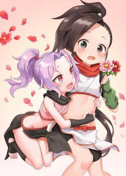 2girls :d absurdres bare_shoulders bike_shorts black_eyes black_gloves black_hair black_legwear black_shorts black_skirt crop_top fang fingerless_gloves flower gloves highres holding hug hug_from_behind kunoichi_tsubaki_no_mune_no_uchi long_hair looking_at_viewer midriff multiple_girls navel open_mouth parted_bangs pelvic_curtain petals pink_shirt ponytail purple_hair red_eyes sazanka_(kunoichi_tsubaki_no_mune_no_uchi) scarf shirt shorts shorts_under_skirt skirt sleeveless sleeveless_shirt smile thighs toeless_legwear tsubaki_(kunoichi_tsubaki_no_mune_no_uchi) white_shirt white_skirt xuan_chu
