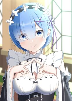 1girl blue_eyes blue_hair breasts cleavage commentary_request detached_sleeves eyes_visible_through_hair furrowed_brow hair_ornament hair_over_one_eye hair_ribbon head_tilt highres index_fingers_together indoors looking_at_viewer maid maid_headdress pink_ribbon re:zero_kara_hajimeru_isekai_seikatsu rem_(re:zero) ribbon ribbon_trim roswaal_mansion_maid_uniform short_hair solo user_vapx2333 window x_hair_ornament